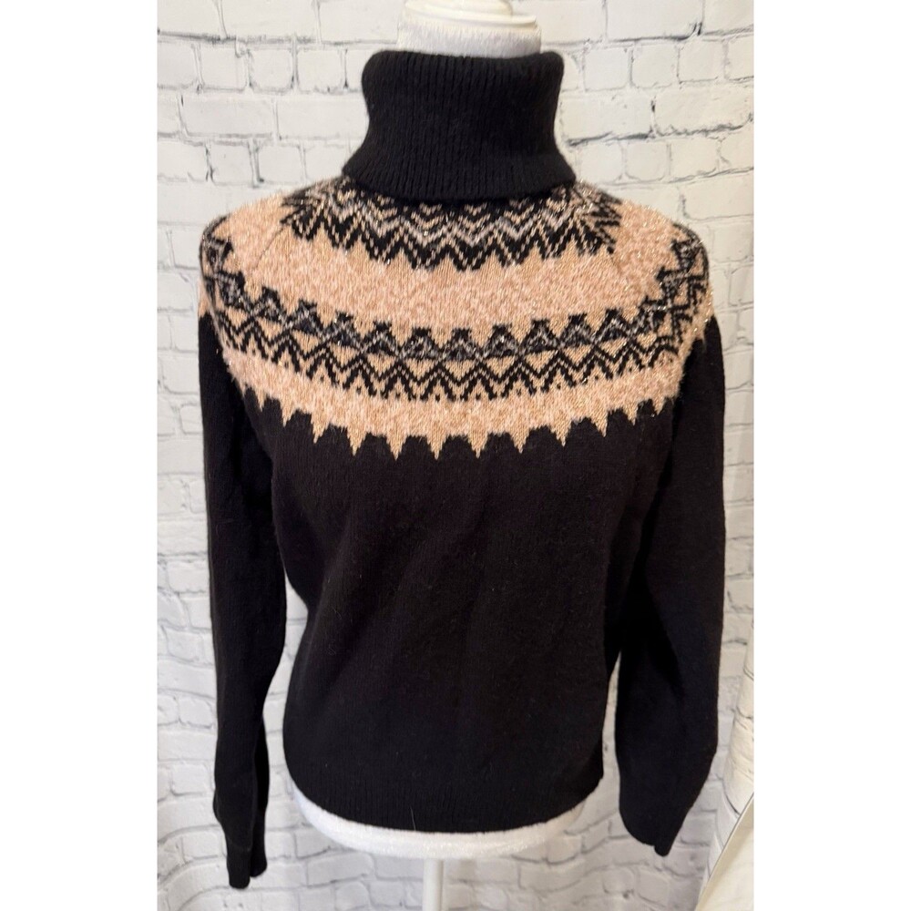 Ann Taylor black &. gold wool blend turtleneck sweater Fair Isle style pattern M